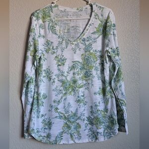 Blue Sol Womans White Green Floral Print V-neck Longsleeve Size Large